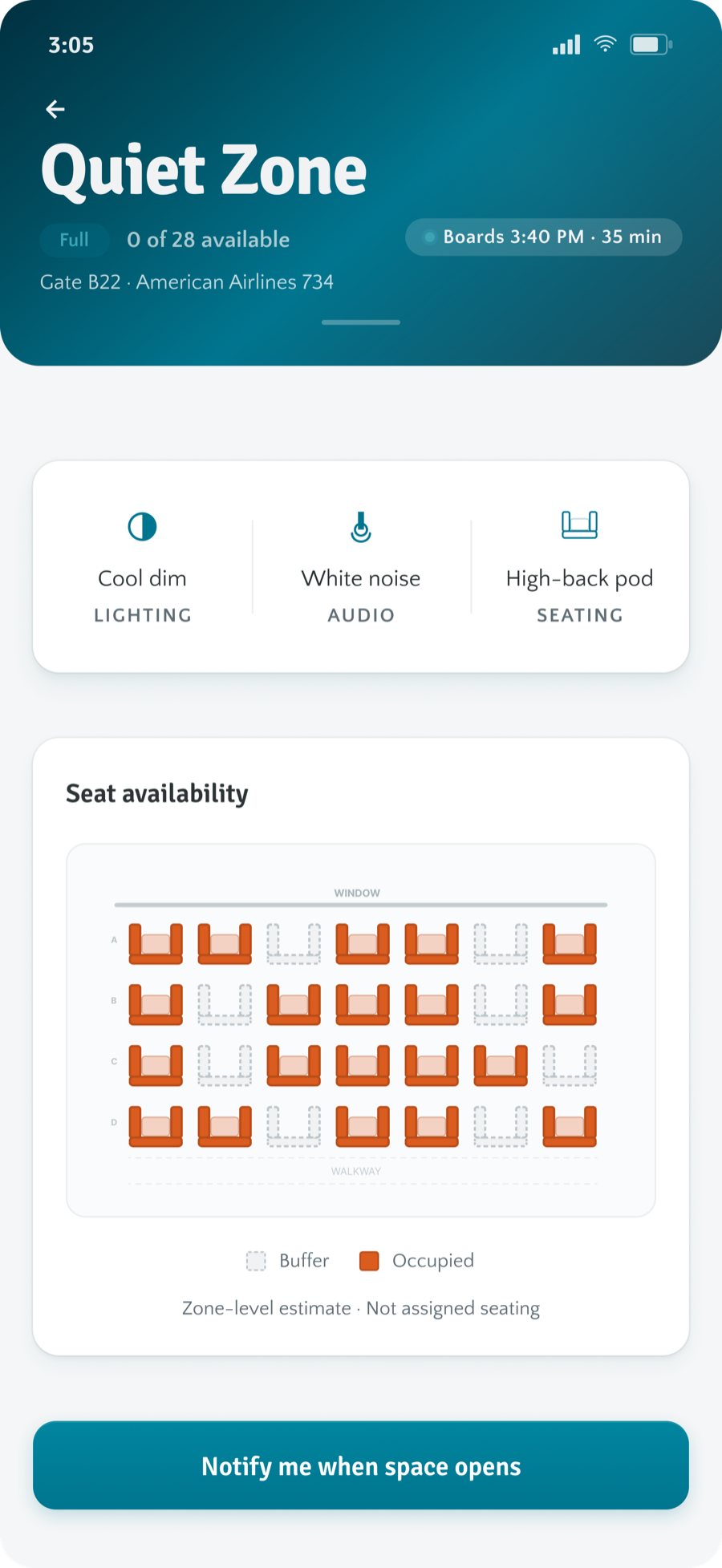 Quiet Zone at zero availability with a notify-me-when-space-opens button